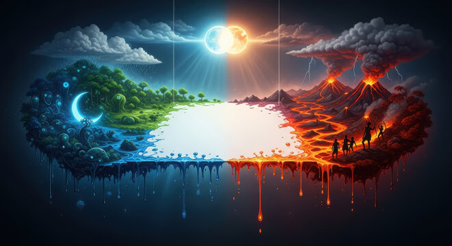 Abstract Allegory of Artistic Creation: Emotional Spectrum Manifesting as a Dynamic World of Ecosystems and Characters Bleeding from a Void Canvas under a Changing Sun-Moon Hybrid.
