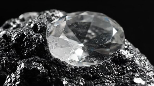 Microscopic view of clear faceted crystal on dark rough surface. Transparent mineral structure across three frames. Geology and science visualization for lab analysis