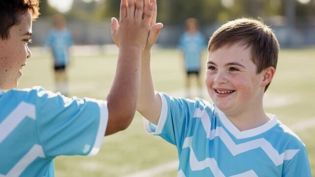 Happy boy with Down syndrome gives high-five to his teammate on soccer field. Children on sports team showing inclusion and friendship