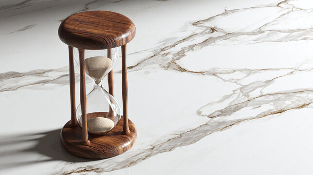 An hourglass made of wood. The top glass chamber is full of sand, symbolizing the passage of time. It's an elegant symbol of time's ceaseless flow