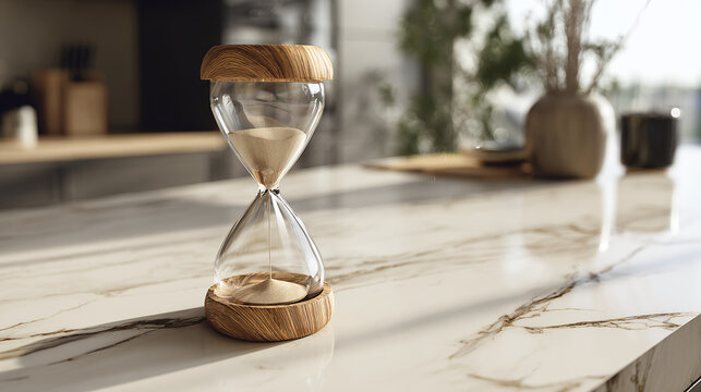 A captivating hourglass on a sleek marble surface, the sands of time cascade elegantly