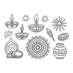 Diwali Sketch Illustration Collection Oil Lamps, Rangoli, Fireworks