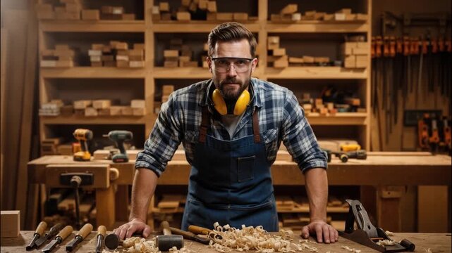 Professional male carpenter standing at a workbench in a woodworking shop. Craftsman in apron with tools and wood shavings. Woodworking industry and manual labor concept