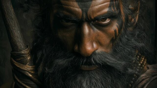 Intense Close-Up Portrait of Parshuram, Mythological Warrior with Traditional Elements for Cultural and Religious Celebrations