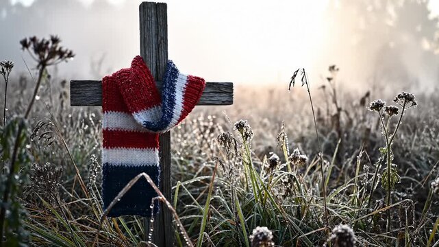 Wooden Cross With Patriotic Scarf in Frosty Field at Sunrise