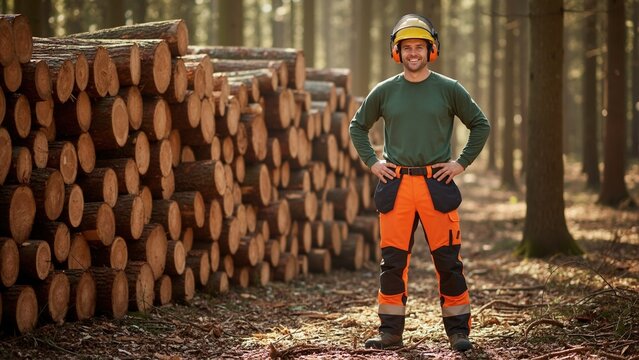 Smiling professional lumberjack in protective gear standing in sunlit forest. Confident male forestry worker posing next to stack of cut logs