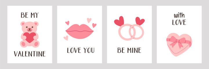 Fototapeta premium Cute valentines day greeting card set with teddy bear, lips, rings and heart gift box. Romantic hand drawn posters with lettering on white background