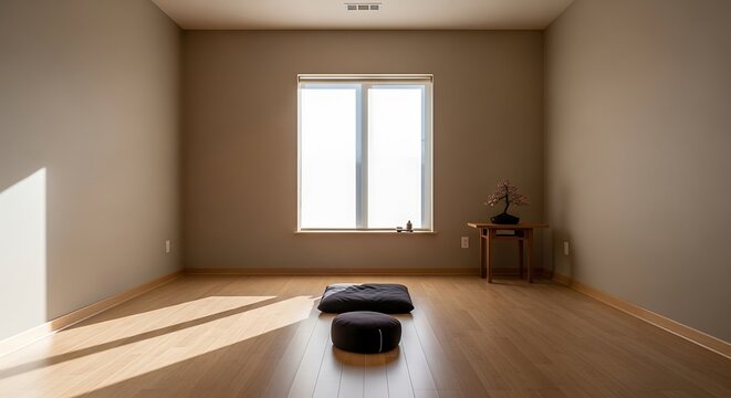 Minimalist room set up for quiet meditation practice featuring a zabuton and zafu cushions aligned on a light wood floor facing a bright window.