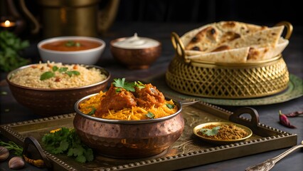 Luxury Indian Feast with Biryani, Curry, and Naan