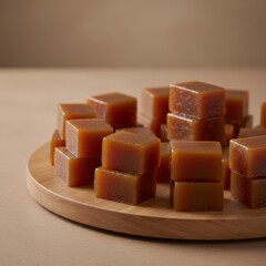 Caramel Cubes: A close-up shot of several delicious caramel candies, arranged on a wooden platter. The rich, golden brown color and the perfect cube shape are accentuated.
