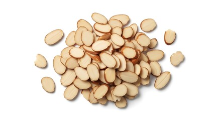 Pile of Light Brown Oval-Shaped Smooth Almonds on White Background, Healthy Food Display in Centered Composition with Stacked and Scattered Arrangement, Simple Product Photography