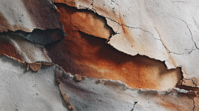 An abstract view of damaged plaster with cracks, exposing the interior layers