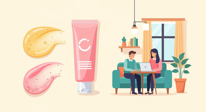 Skincare product samples with a couple working on a laptop at home