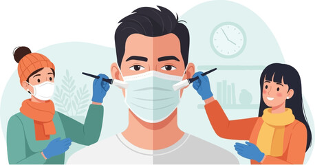 Fototapeta premium Stylized illustration of people applying protective mask and social distance