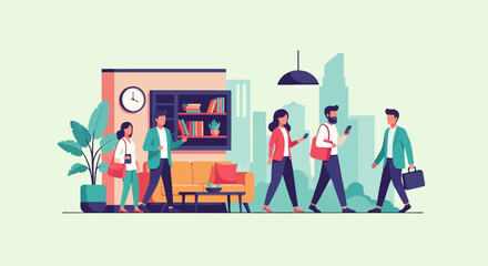 Stylized illustration of people walking past a living space with city backdrop