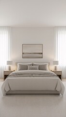 Fototapeta premium Modern bedroom with neutral tones and elegant bedding