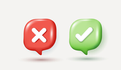 3D check mark and cross symbols in red and green speech bubbles. Vector illustration for right or wrong choice, yes or no decision, feedback, quiz, voting, and UI UX interface design elements.