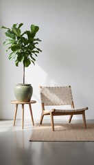 Modern woven chair and potted plant on wooden stool in minimalist room