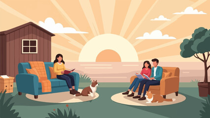Two couples and their dogs relax outdoors by a shed, reading books