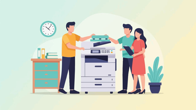 Three people interact with a copier next to a cabinet with books