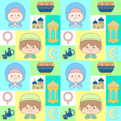 Cute Seamless Ramadan Pattern with Muslim Kids Mosque Lantern and Iftar Elements