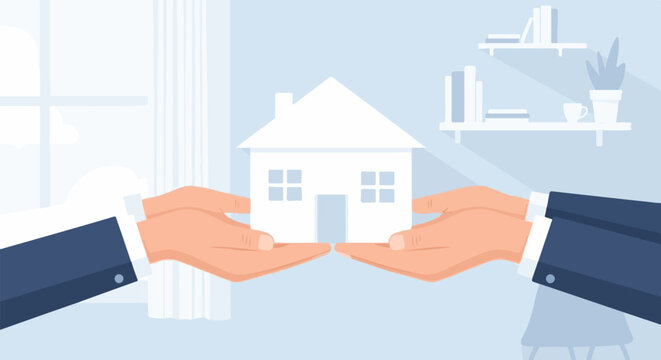 Two hands presenting a white house, representing real estate transaction
