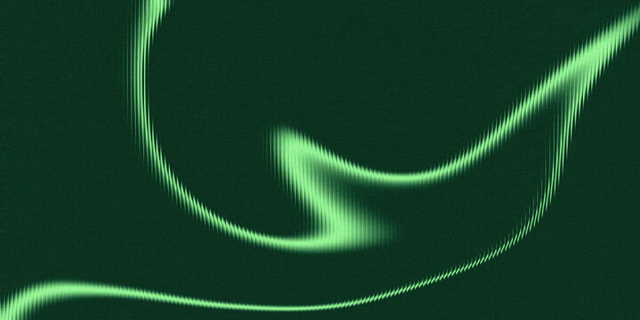 Bright green abstract swirling lines on dark green textured background curve deep