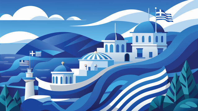 Greek Independence Day Flag and Island Scene 