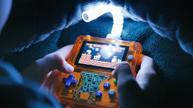 A handheld gaming device with a screen and colorful buttons held by a person under a blanket