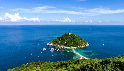 Tropical Island Paradise with Crystal Clear Blue Water and Lush Green Vegetation.