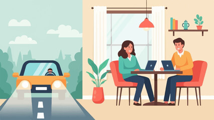Fototapeta premium Split scene person driving car towards viewer, two people working on laptops indoors