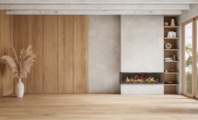 Fototapeta premium Cozy Modern Living Room with Wooden Wall Panels, 3d render