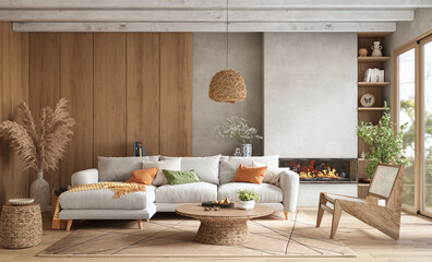 Fototapeta premium Cozy Modern Living Room with Wooden Wall Panels, 3d render