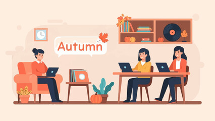 Fototapeta premium Three women working on laptops, cozy autumn office setup with pumpkins
