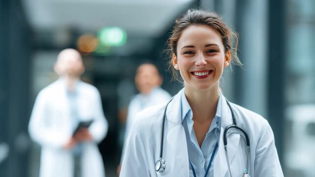 Smiling Doctor: A confident and compassionate doctor, radiating health and professionalism, smiles warmly, inviting a sense of trust and care. This image encapsulates the essence of modern healthcare.