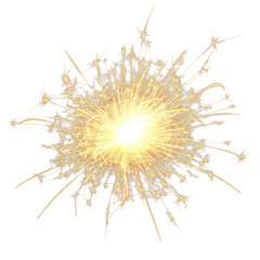 Fototapeta premium Intensely golden-yellow starburst of sparkling light, dynamically radiating effervescent tendrils, isolated on a neutral transparent background. Concept of festive celebration