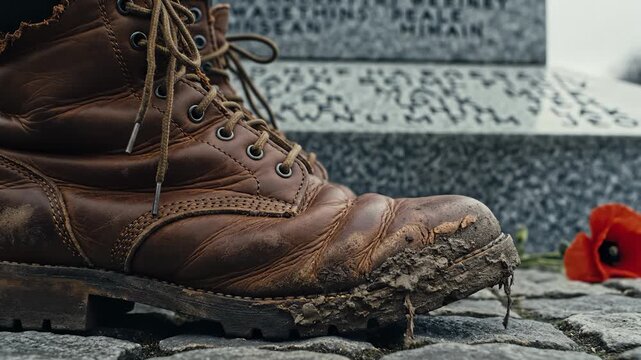 Close Up of Muddy Combat Boot Resting Near War Memorial Stone With Red Poppy Flower
