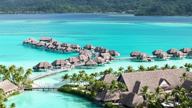 Bora Bora, French Polynesia. Drone Shot of Luxury Resort Hotel With Overwater Bungalows Above Lagoon