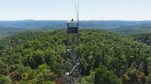 Devil's Knob Observation Tower And Forest In Ozark National Forest, Arkansas, USA - Drone Pullback