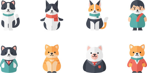 Fototapeta premium Stylized cartoon animals and one person, various outfits and poses