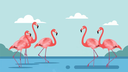 Obraz premium Six pink flamingos wading in blue water under cloudy sky