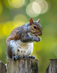 Obraz premium Gray squirrel, perched on a wooden fence post, nibbling food, green and yellow bokeh background