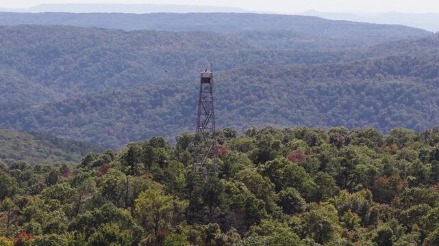Lush Green Forest And Devil's Knob Fire Tower In Arkansas, USA - Drone Shot