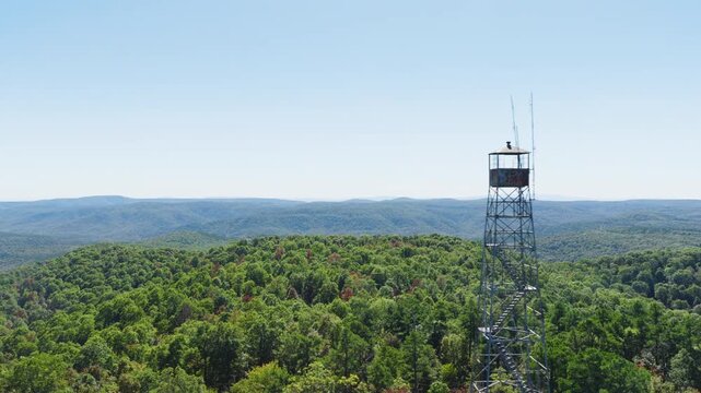 Drone Shot Of Devils Knob Lookout Tower, Ozark National Forest In Arkansas