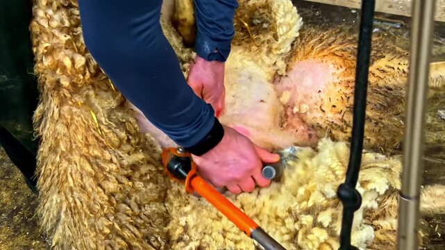 Hands shearing a sheep, removing wool to harvest natural fiber on a farm with electric clipper