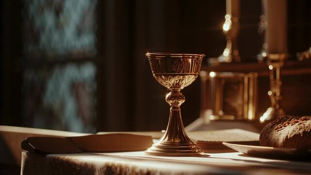 Elegant Eucharistic Chalice and Bread on Altar with Warm Lighting for Religious Worship and Pentecost or Whit Sunday Celebration