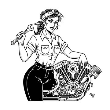 Vintage Pin-Up Mechanic Woman with Wrench and Motorcycle Engine.