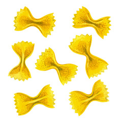 Naklejka premium Hand painted watercolor illustration of raw farfalle pasta pieces on transparent background. Bow tie pasta isolated clipart for food blogs, recipe cards, restaurant menus, packaging design.