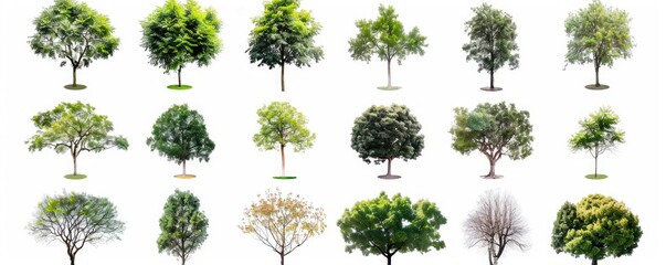Fototapeta premium Collection of diverse, isolated tree illustrations against a clean, white backdrop showcasing varied foliage and shapes