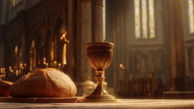 Interior of a historic church altar with a chalice  bread  and candlelit ambiance  symbolizing Christian worship and religious ceremonies during Pentecost or Whitsunday